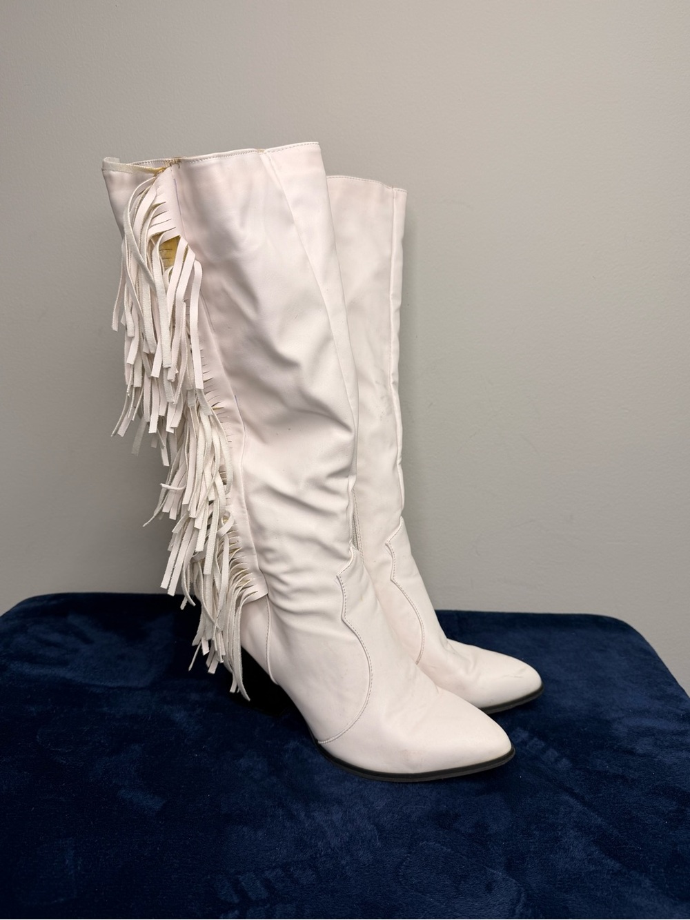 White Fringe Knee-High Women's Boots